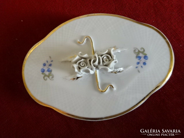 Holóháza porcelain bonbonnier top, with rose tongs, gold border. Jokai.