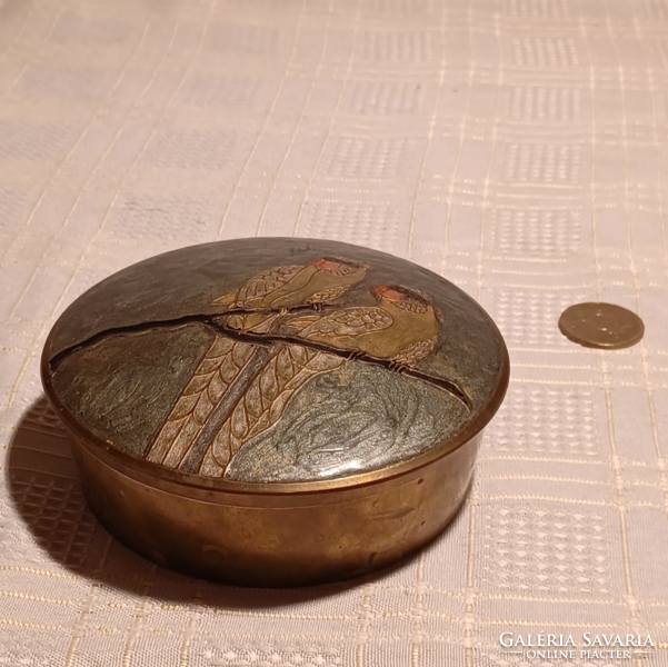 Indian copper lid holder with fire enamel lid with parrots