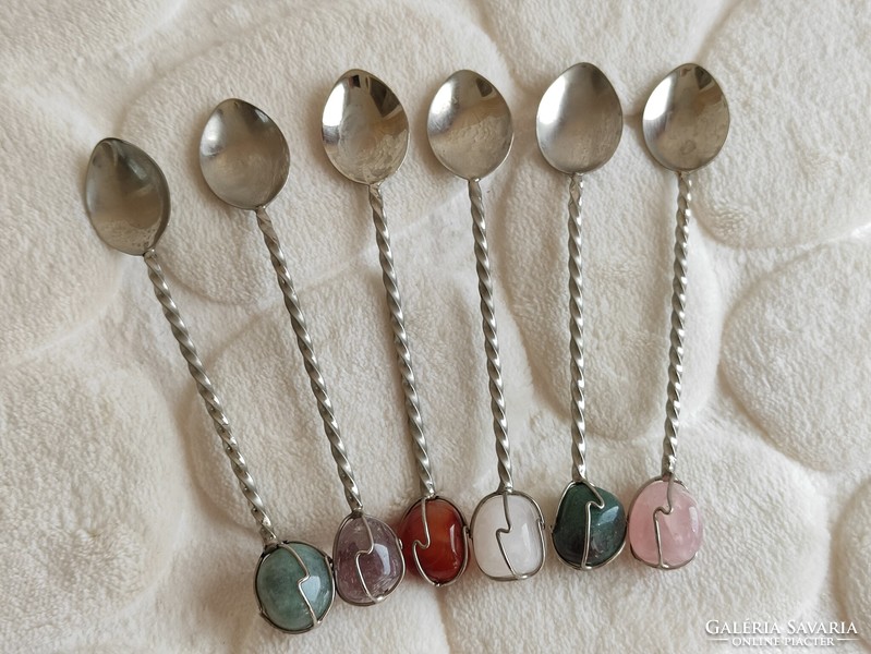 Set of antique silver-plated spoons with mineral stone handles