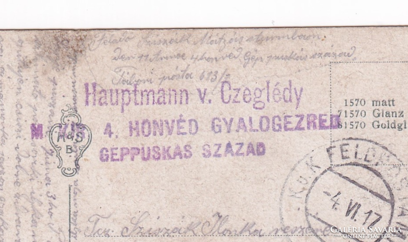 H:84 M.Kir. 4 Honvéd Gyalogezred Géppuskás század 1917 képeslap "Hauptmann v. Czeglédy"