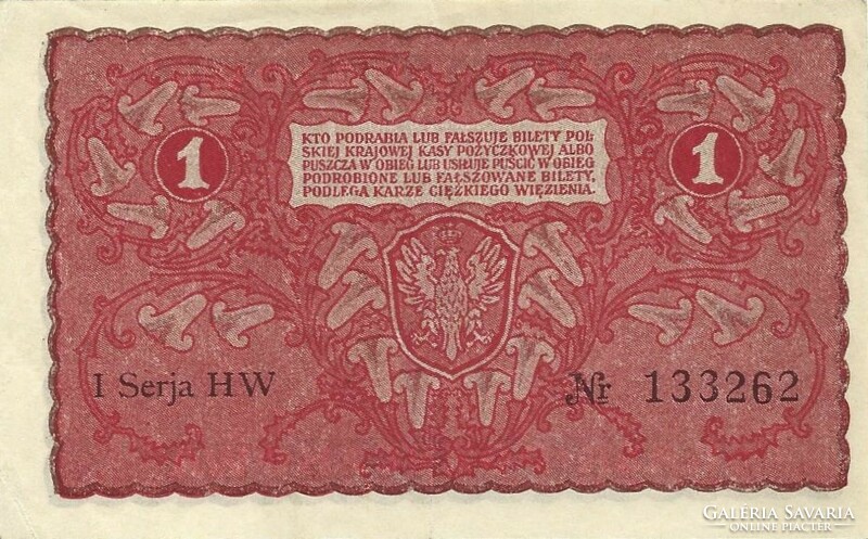 1 marka 1919 Lengyelország I. széria nagy számok Ritka 2.