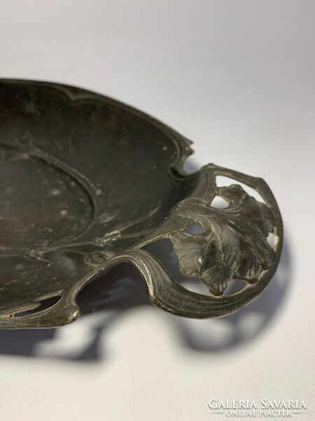 Art Nouveau pewter bowl with tendril pattern and iris tongs