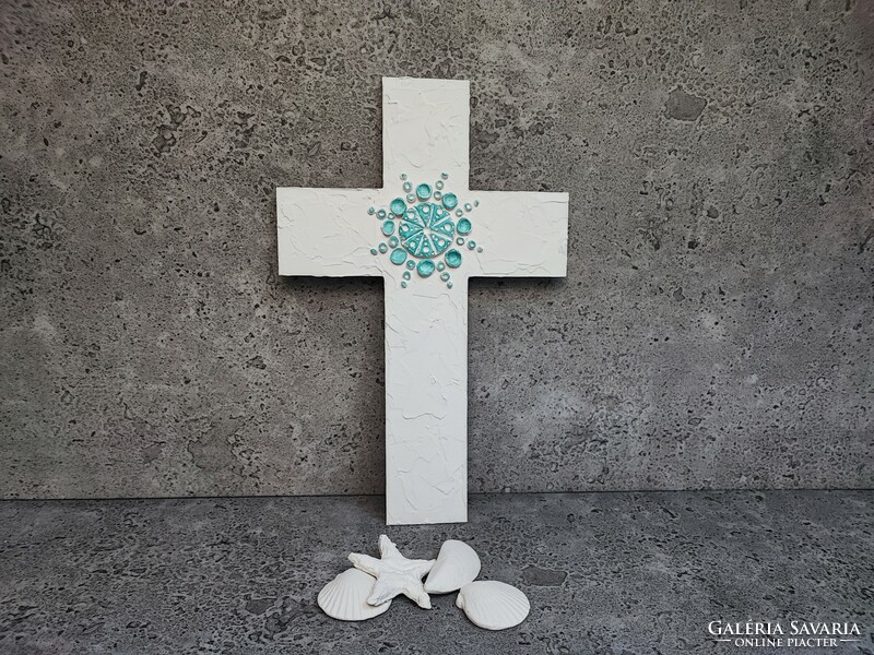 Pilipart, large white handmade wall-hanging cross with turquoise decoration 37x24 cm