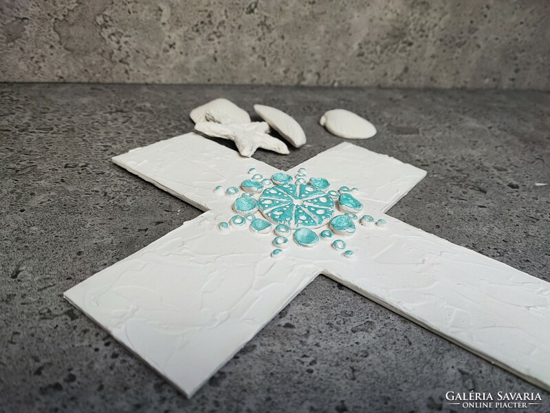 Pilipart, large white handmade wall-hanging cross with turquoise decoration 37x24 cm