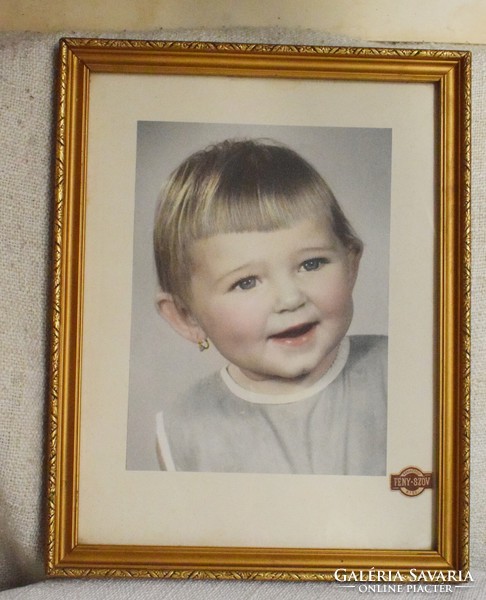 Old studio photo, portrait of a little girl, photographer's light * fabric ktsz. Framed, glazed