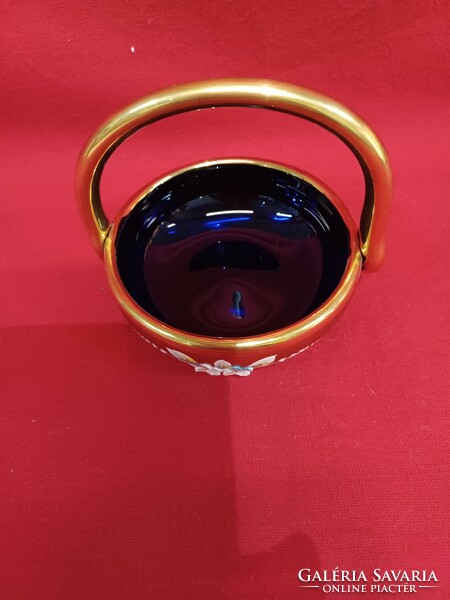 Bohemia glass basket, cobalt blue, with porcelain flowers