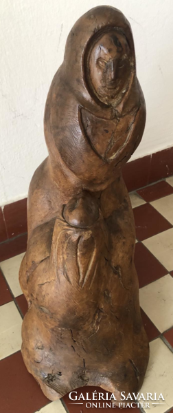 Mother with child, large-scale wooden sculpture made of roots