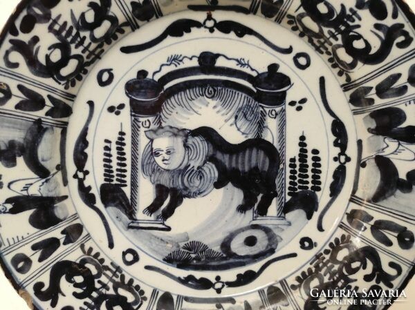 Antique Jewish Delft porcelain plate bowl lion lake scroll Judaica Delft 18th century 622 8683