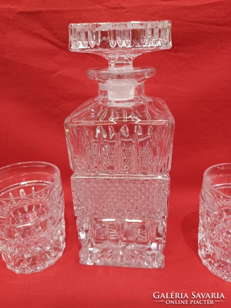 Polished, angular, solid, drink bottle, whiskey glass, with 2 glasses