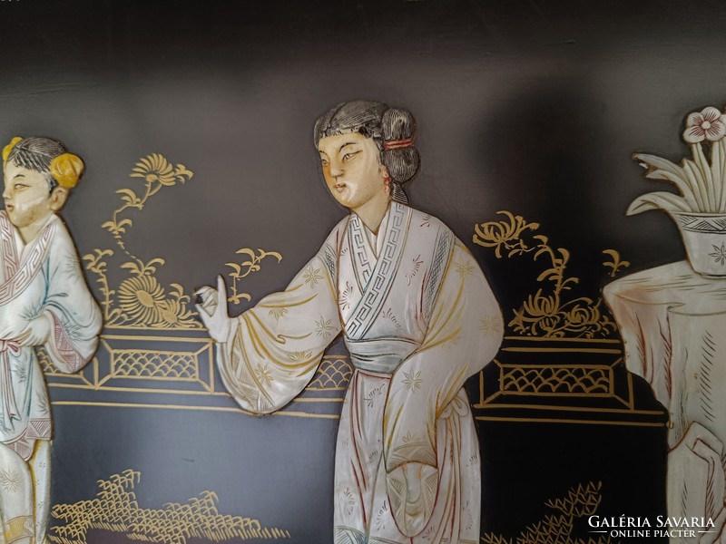Antik kínai bútor vésett festett gyöngyház berakásos kép állványzattal gésa virág motívum 703 8645