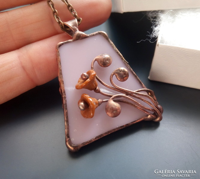 Glass jewelry pendant, made of powder pink glass, with brown flowers and tendrils