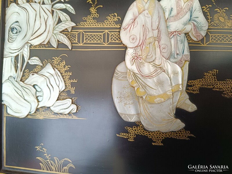 Antique Chinese furniture engraved painted mother-of-pearl inlaid picture with scaffolding Geisha flower motif 703 8645