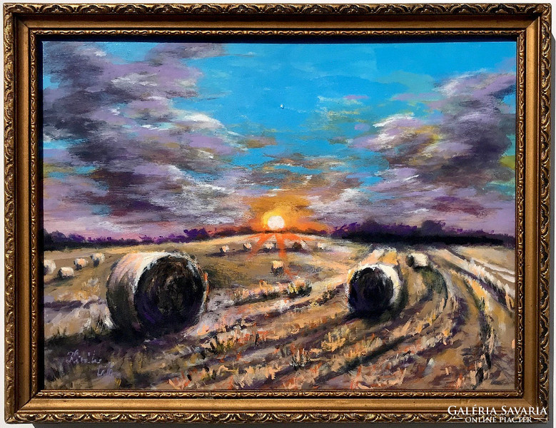 Straw bales at dusk - acrylic painting - 23.5 x 31.5 cm