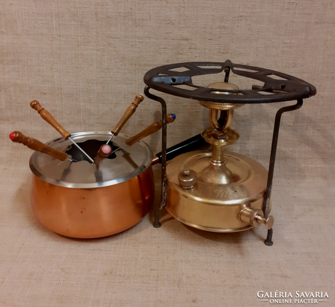 Red copper fondue pot set with copper marked Czechoslovak gasoline cooking stove in one