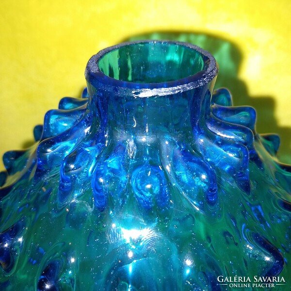 Régi, kék, bütykös, gömb üveg, díszüveg, váza.