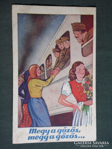 Képeslap,Postcard,artist,katona,honvéd,huszár,romantika,szerelem, megy a gőzös , 1943