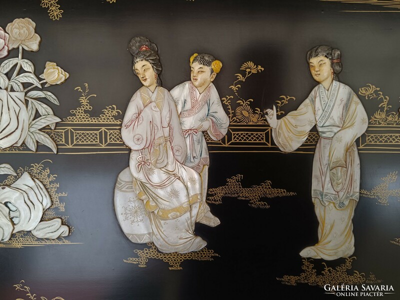 Antique Chinese furniture engraved painted mother-of-pearl inlaid picture with scaffolding Geisha flower motif 703 8645