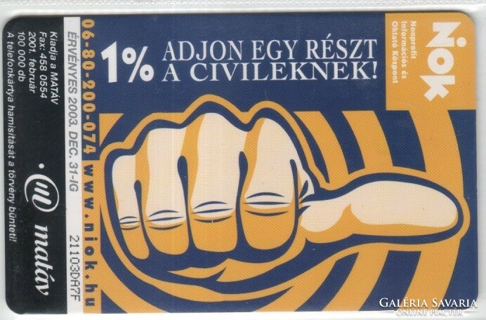 Hungarian telephone card 0939 2001 niok ods 4 100,000 pcs.