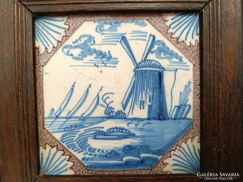 Antique Delft porcelain tile 18-19. Century delft mill in sailing frame 723 8465