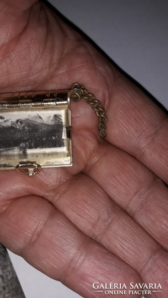 Antik utazó emlék pici fém könyv benne Bajor Alpok miniatűr leporellós fényképek képek szerint