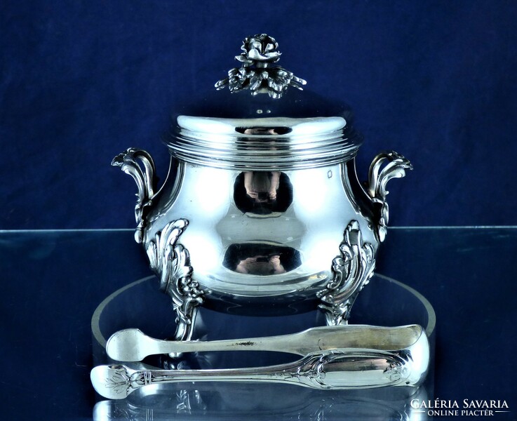 Sumptuous, antique silver sugar bowl and sugar tongs, Paris, ca. 1880!