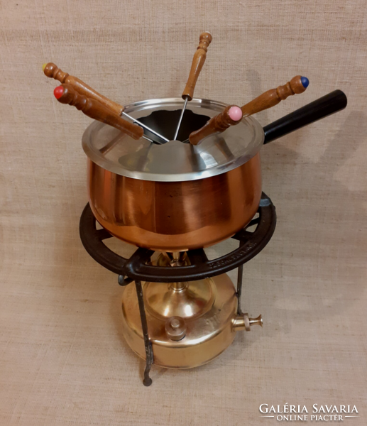 Red copper fondue pot set with copper marked Czechoslovak gasoline cooking stove in one