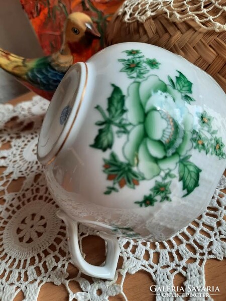 Herend porcelain tea cup, green Eton pattern with decor, markings, no cracks or breaks.