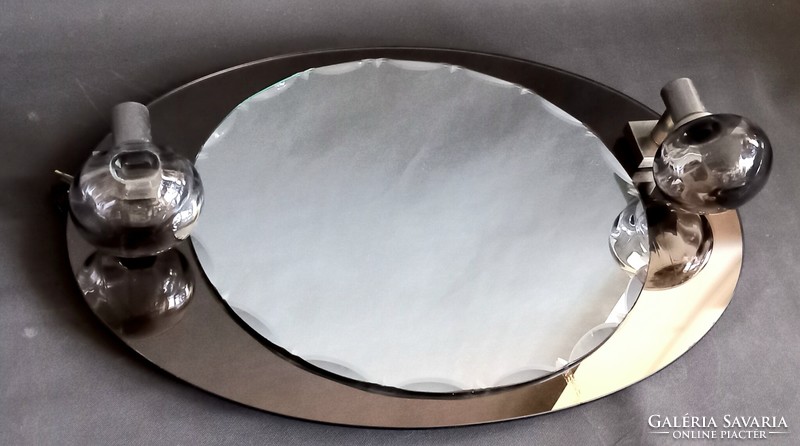 Art deco Murano carved chrome wall mirror with lamp negotiable Italian 1970 design