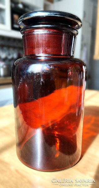 Old brown large apothecary bottle, powdered glass with glass lid