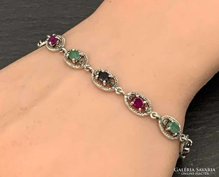 Ruby, emerald, sapphire, marcasite gemstone silver bracelet /925/ --new