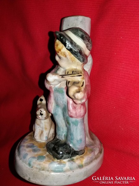 Old glazed ceramic figure table lamp Hummel style street musician with dog 16 x 10 cm