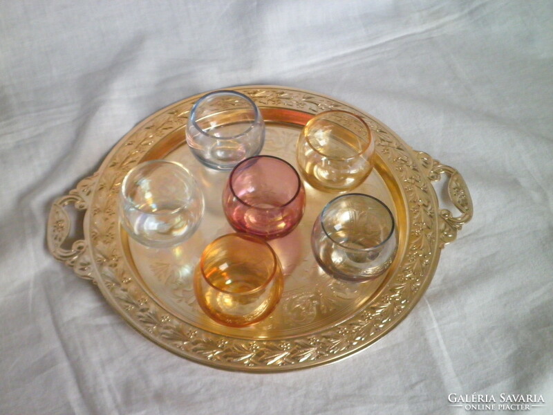 Retro colorful sphere brandy, liqueur glass set with aluminum tray