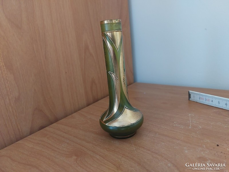 Antique small green-gold (Czech?) glass vase with inscription