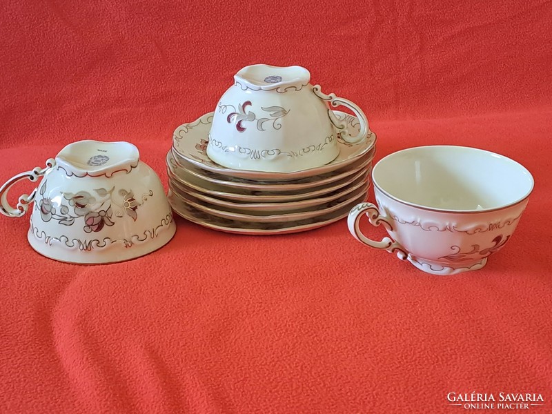 Flawless! 6 Pcs. Zsolnay, hand-painted, rare flower pattern tea cup + base