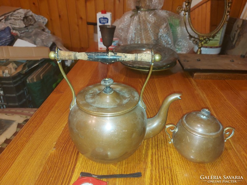Antique copper teapot and sugar bowl, size and weight indicated!