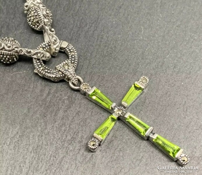 Genuine Natural Peridot Gemstone Cross Pendant, 925 Marked