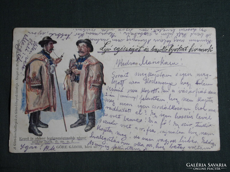 Postcard, published by Gábor Góre, artist, graphic, humor, shepherd, foal, rural folk costume, 1900