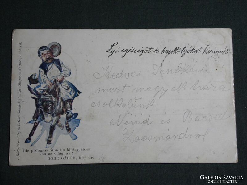 Postcard, published by Gábor Góre, artist, graphic, humor, shepherd, foal, donkey, folk costume, 1900