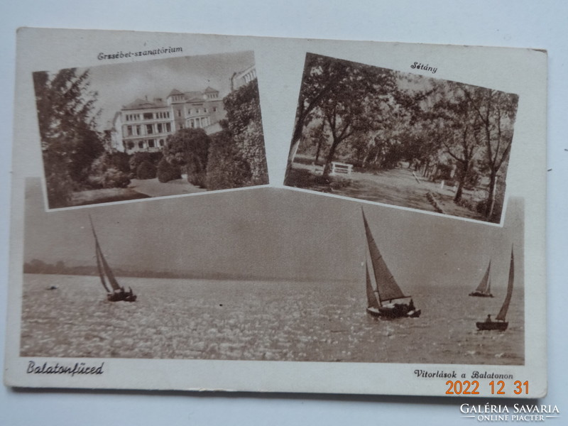 Old postcard: Balatonfüred, Erzsébet sanatorium, promenade, sailing on the Balaton (Barasits edition)