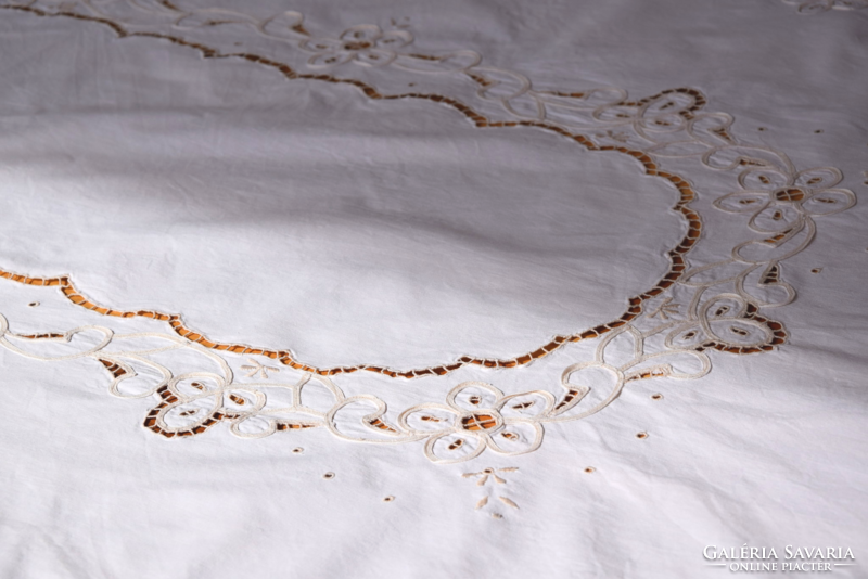 Old huge festive rosette embroidered tablecloth beige 138 x 100 cm tablecloth