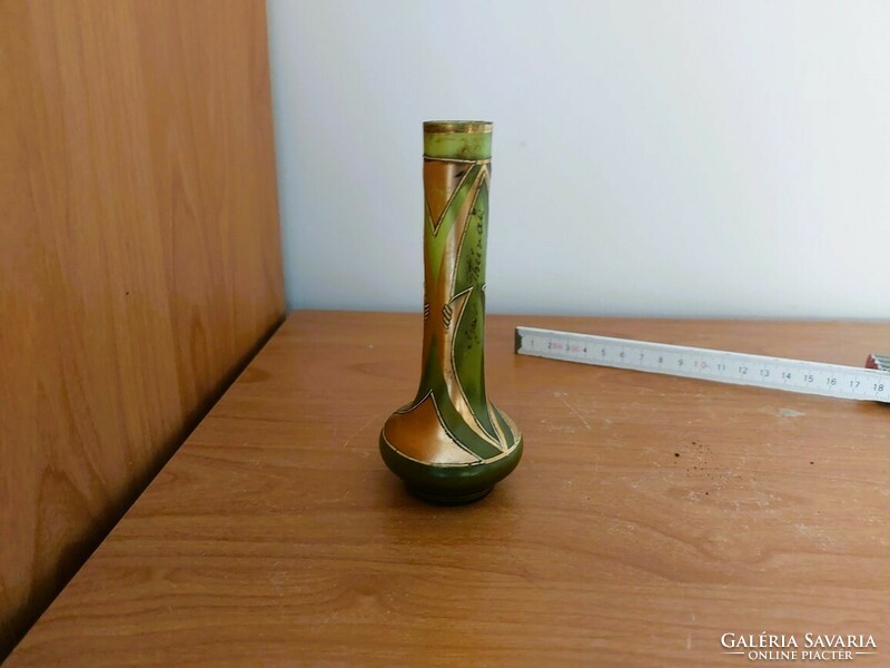 Antique small green-gold (Czech?) glass vase with inscription