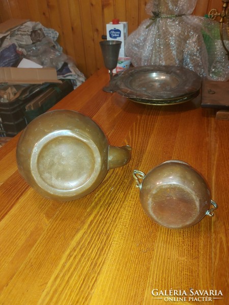 Antique copper teapot and sugar bowl, size and weight indicated!