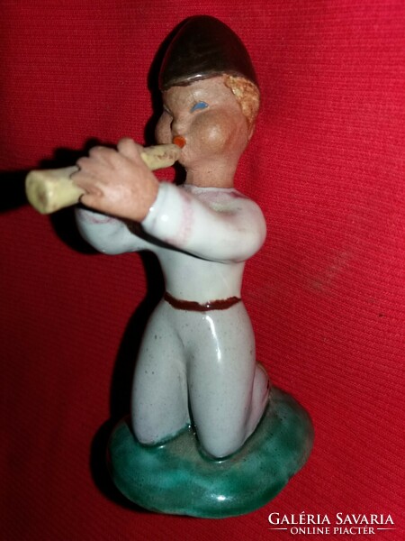Antique marked Hungarian ceramic figure Izsépy Margit kneeling shepherd playing the flute 11 x 6 cm