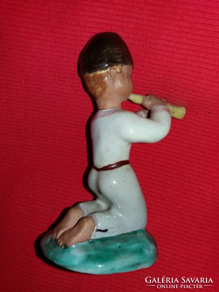 Antique marked Hungarian ceramic figure Izsépy Margit kneeling shepherd playing the flute 11 x 6 cm