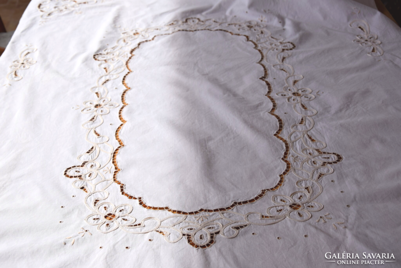Old huge festive rosette embroidered tablecloth beige 138 x 100 cm tablecloth