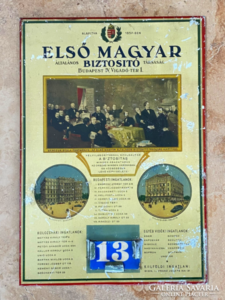 Első Magyar Biztosító reklám naptár reklámtábla 1920-30