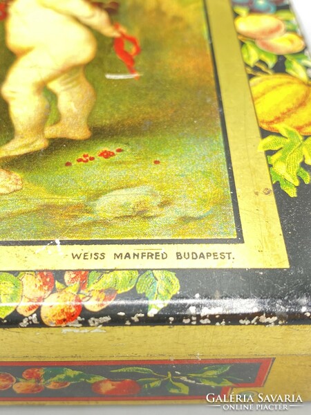Régi kerek Weiss Manfréd GLOBUS cukrozott gyümölcsös fémdoboz 1930