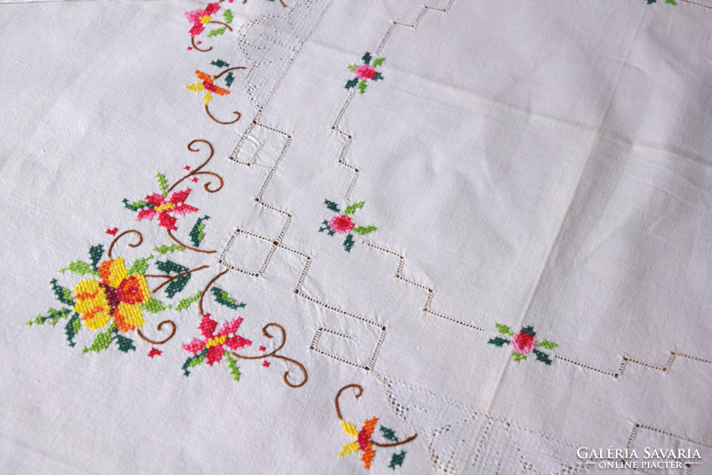 Antique Old Festive Cross Stitch Hand Embroidered Large Tablecloth Tablecloth Tablecloth Set of 6 Napkins