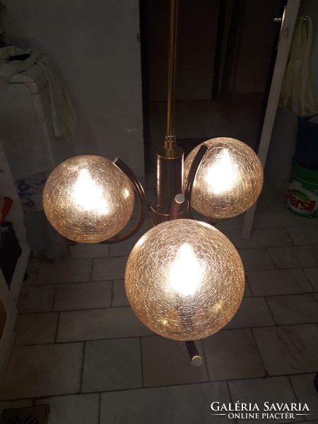 Retro space age sputnik chandelier with 3-burner arm with cracked amber shades