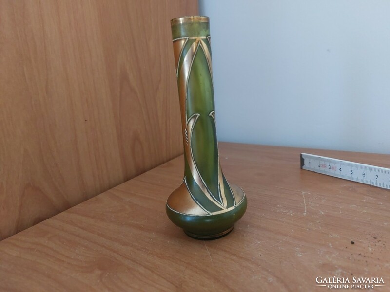 Antique small green-gold (Czech?) glass vase with inscription
